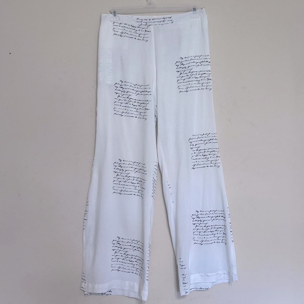 Thread Story Women’s Pants White With Black Writing Size XL Split Legs Boho Chic